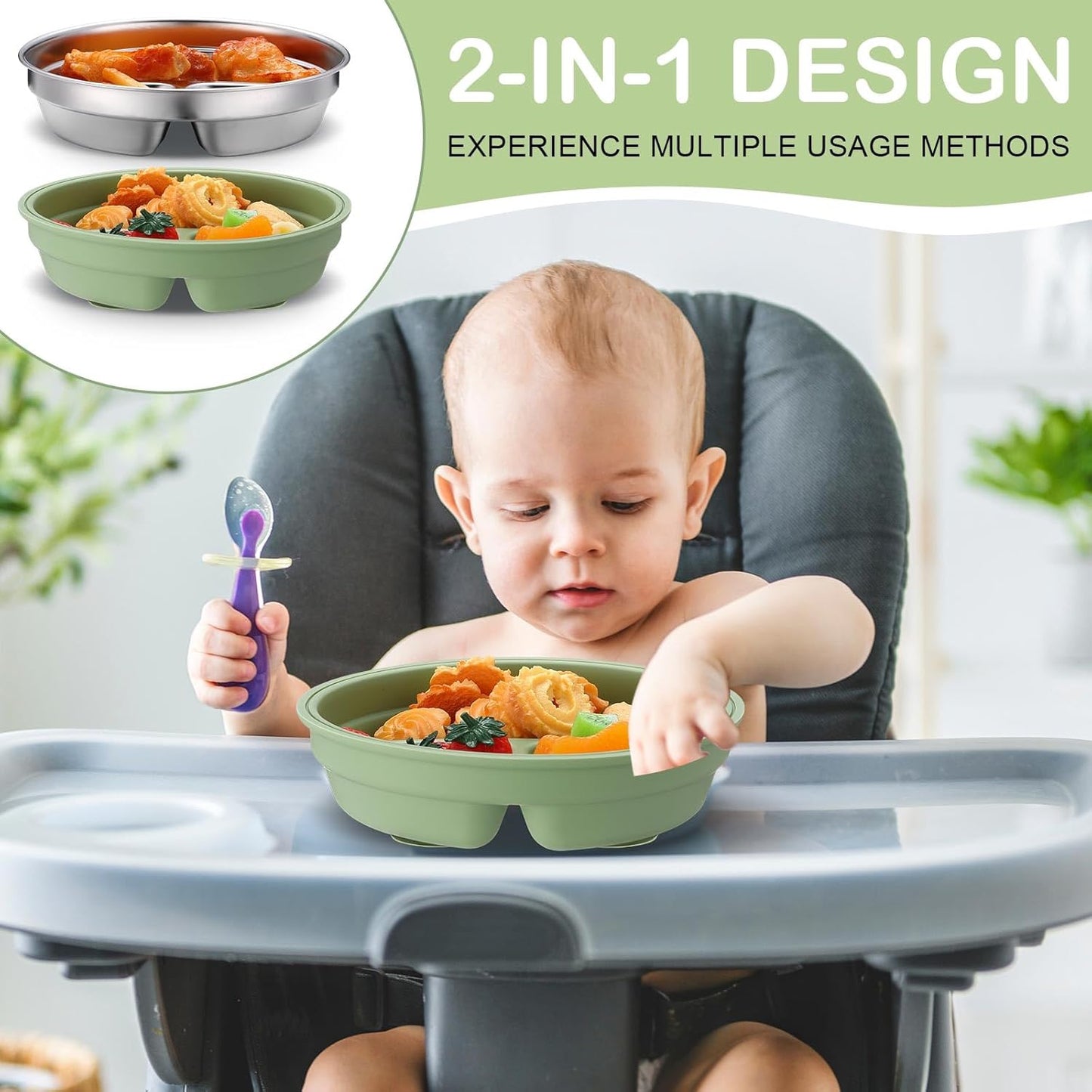 Nuogo 2 Pcs Stainless Steel Baby Suction Plates with Removable Silicone Shell 2-in-1 Metal Toddler Bowl Divided for Picky Eaters Kids Feeding Led Weaning Supplies, Dishwasher Safe (Purple,Green)