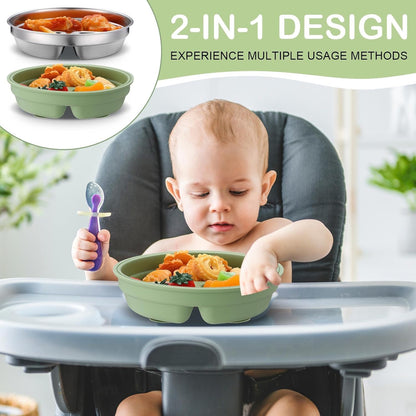 Nuogo 2 Pcs Stainless Steel Baby Suction Plates with Removable Silicone Shell 2-in-1 Metal Toddler Bowl Divided for Picky Eaters Kids Feeding Led Weaning Supplies, Dishwasher Safe (Purple,Green)