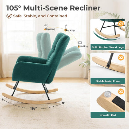 DUMOS Nursery Rocking Chair Teddy Upholstered, Comfy Glider Rocker with High Backrest Armchair Padded Seat, Accent Side Chair for Living Room Bedroom Offices Small Spaces Indoor, Beige