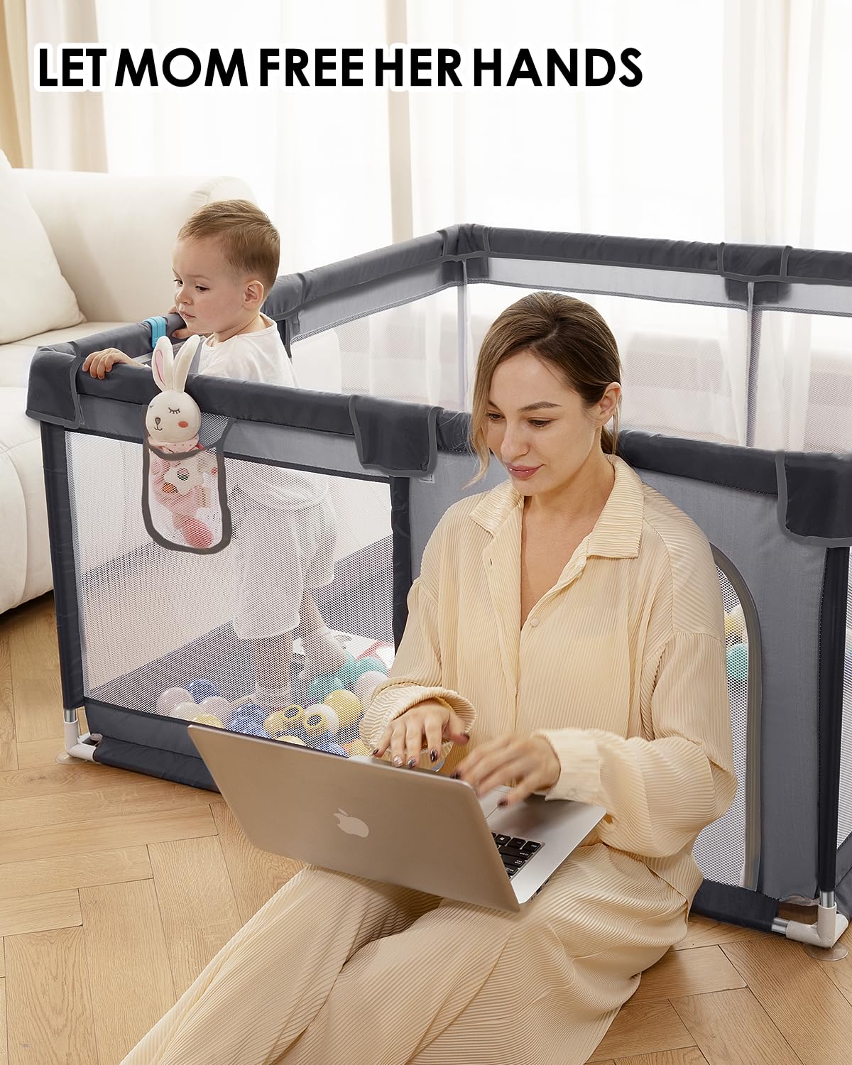 Baby Playpen with Mat, 71" x 59" Extra Large Play Yard for Babies and Toddlers, Baby Fence with Soft Thick Play Mat, Indoor Safety Activity Center for Infants, Easy to Assemble and Clean（Gray）