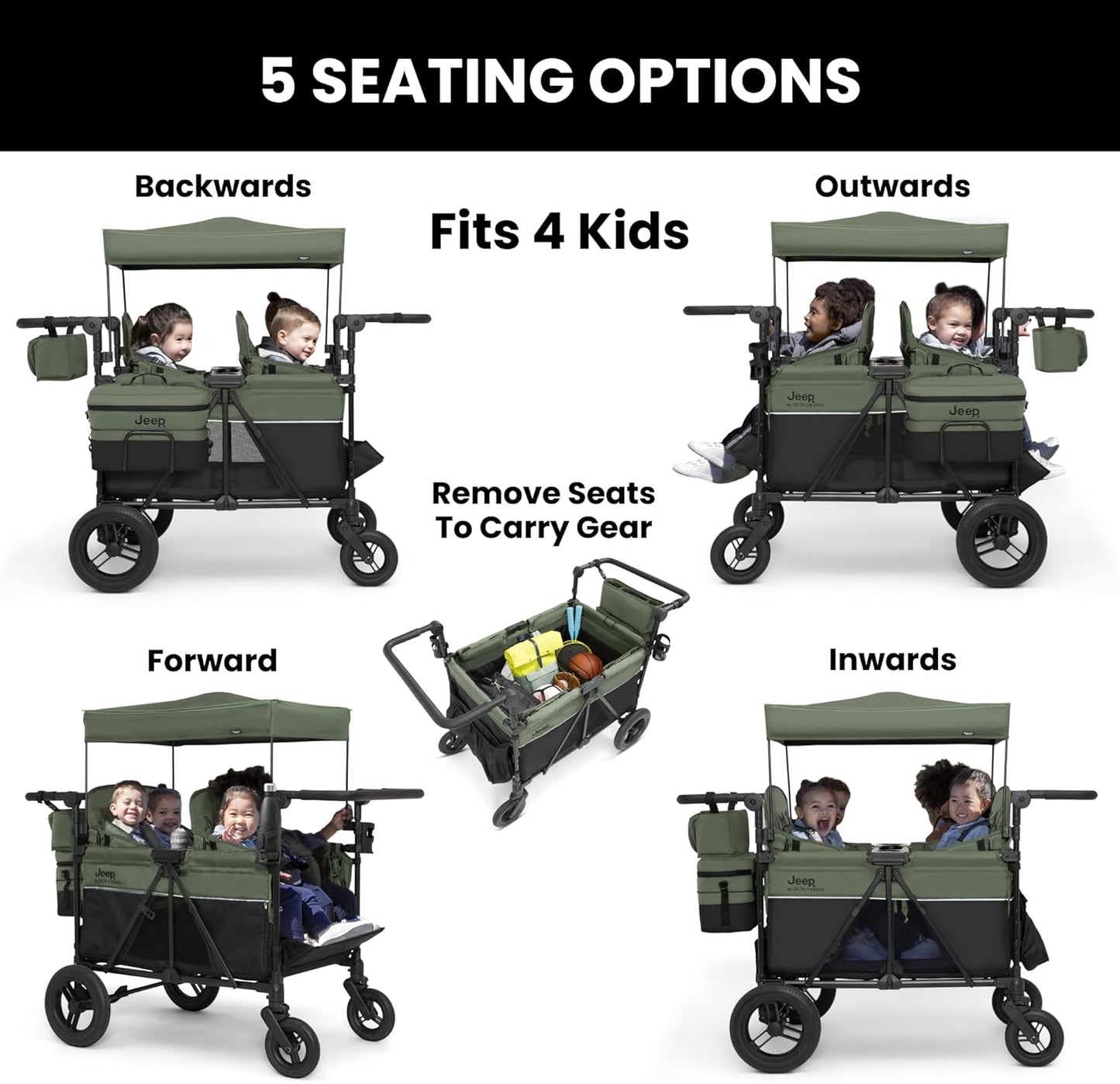 Jeep Wrangler Deluxe 4 Seater Stroller Wagon by Delta Children - Premium Quad Stroller Wagon for 4 Kids with Convertible Seats, Adjustable Push/Pull Handles, Removable Canopy & Flat Fold, Grey