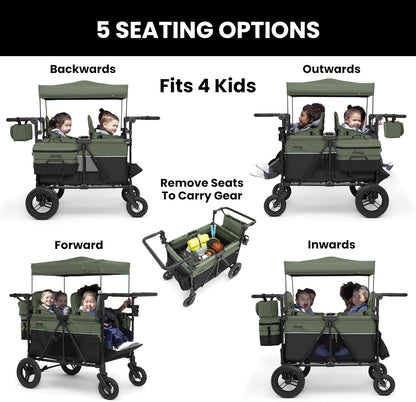 Jeep Wrangler Deluxe 4 Seater Stroller Wagon by Delta Children - Premium Quad Stroller Wagon for 4 Kids with Convertible Seats, Adjustable Push/Pull Handles, Removable Canopy & Flat Fold, Grey