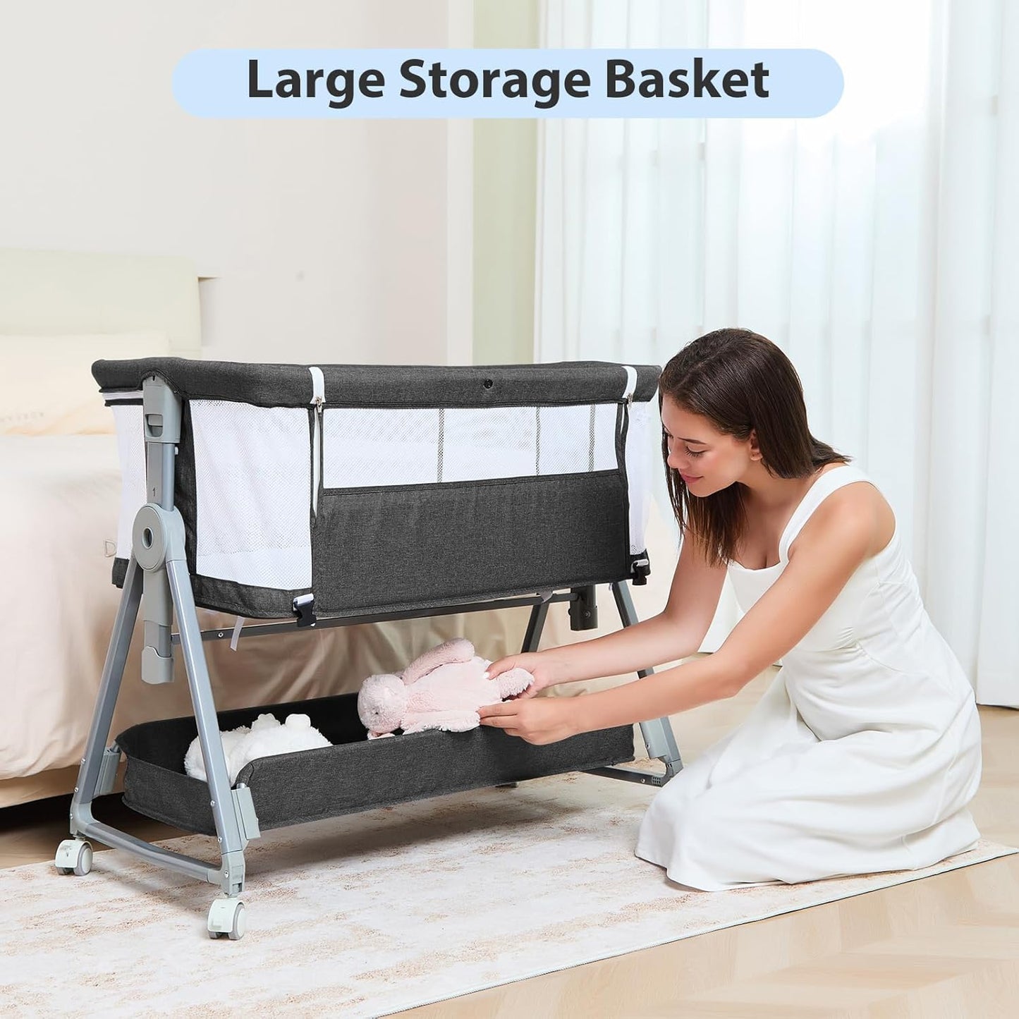 3-in-1 Baby Bassinet Bedside Sleeper with Wheels Bedside Bassinet for Newborn and Infant with Mattress and Storage Basket | Adjustable Height & Angle (13.5-18") | ASTM/CPSIA Certified (Pink)