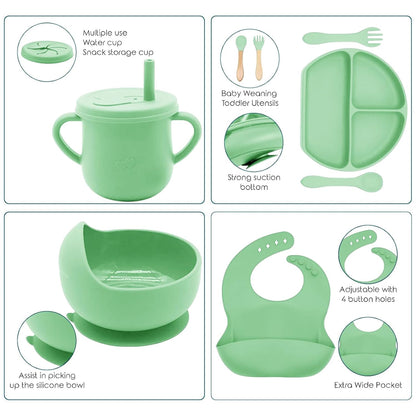 100% Silicone Baby Feeding Set, BPA Free Baby Dishes with Suction Bowl, Divided Plate, Toddler Self Feeding Dish Set with Spoons, Forks, Sippy Cup and Bib, Baby Eating Utensils (Navy Blue)