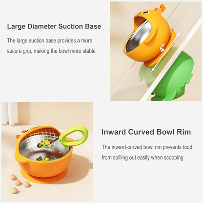 ENERGEVITY Suction Bowls Set for Baby Feeding，Silicone Suction Baby Bowl and Food-Grade 304 Stainless Steel Bowl with Fork and Spoon,Dishwasher Safe (Yellow Duck)
