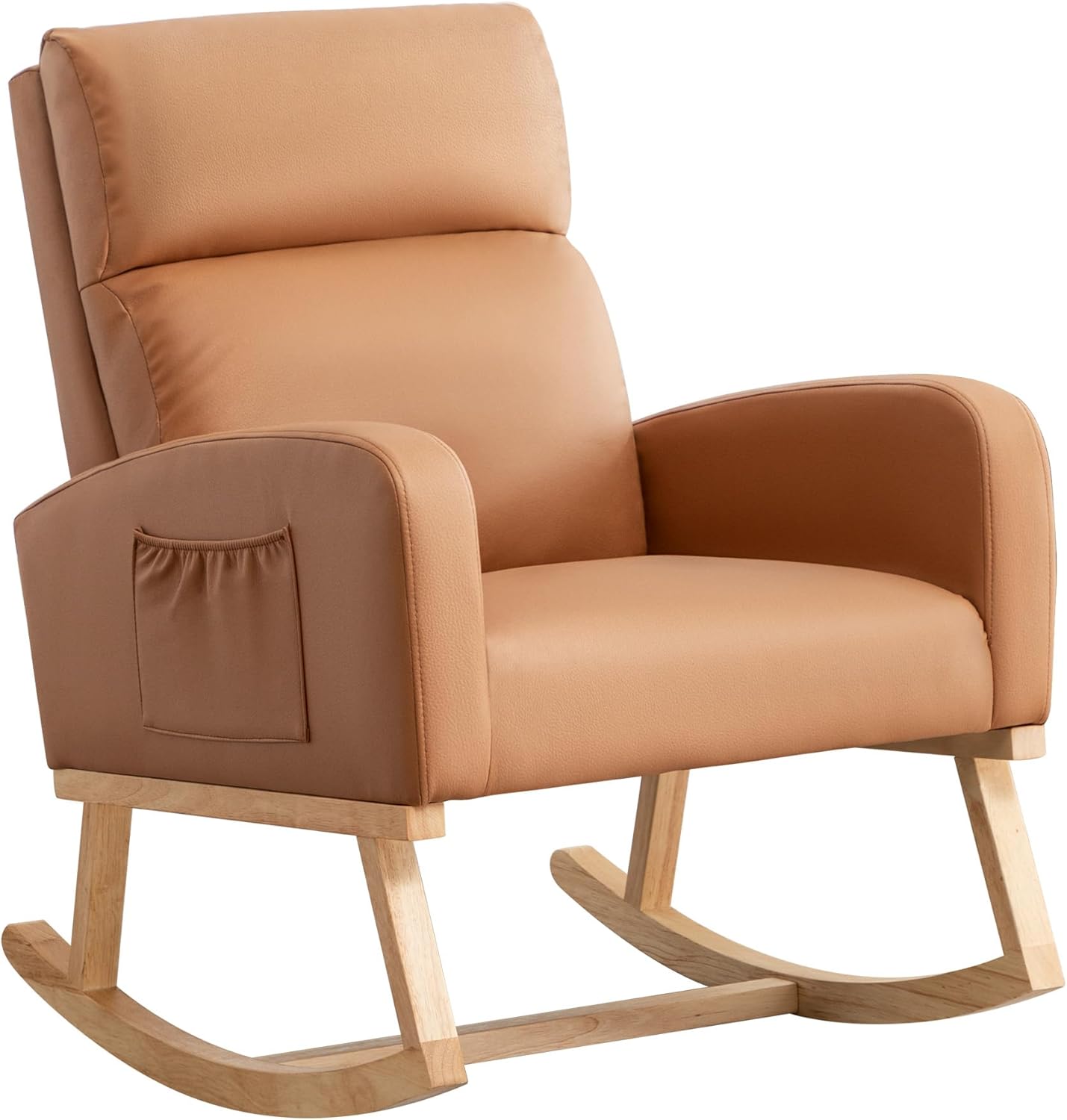 Rocking Chair Nursery, Upholstered Nursing Rocker Chair for Mom with High Backrest and Side Pockets for Bedroom Living Room, Beige