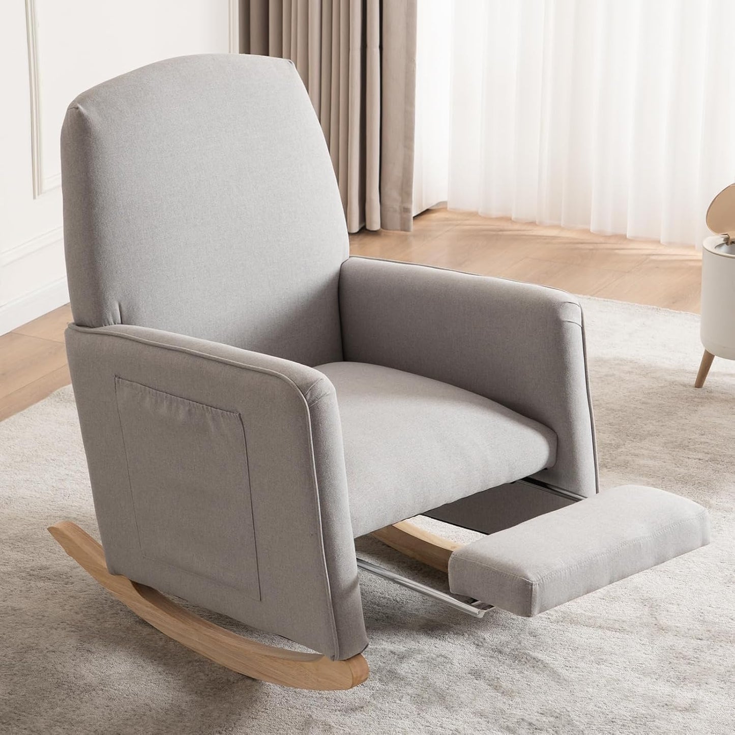FOXHUNTER Rocking Chair Nursery with Adjustable Footrest and High Backrest, Upholstered Glider Chairs with Side Pockets for Nursery, Rocker Armchair Indoor for Living Room,Beige