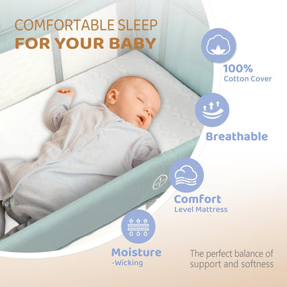 JOYMOR Baby Bassinet, Pack and Play with Bassinet and Carry Bag, Convert to Bedside Sleeper with Wheels for Boys Girls (Green)