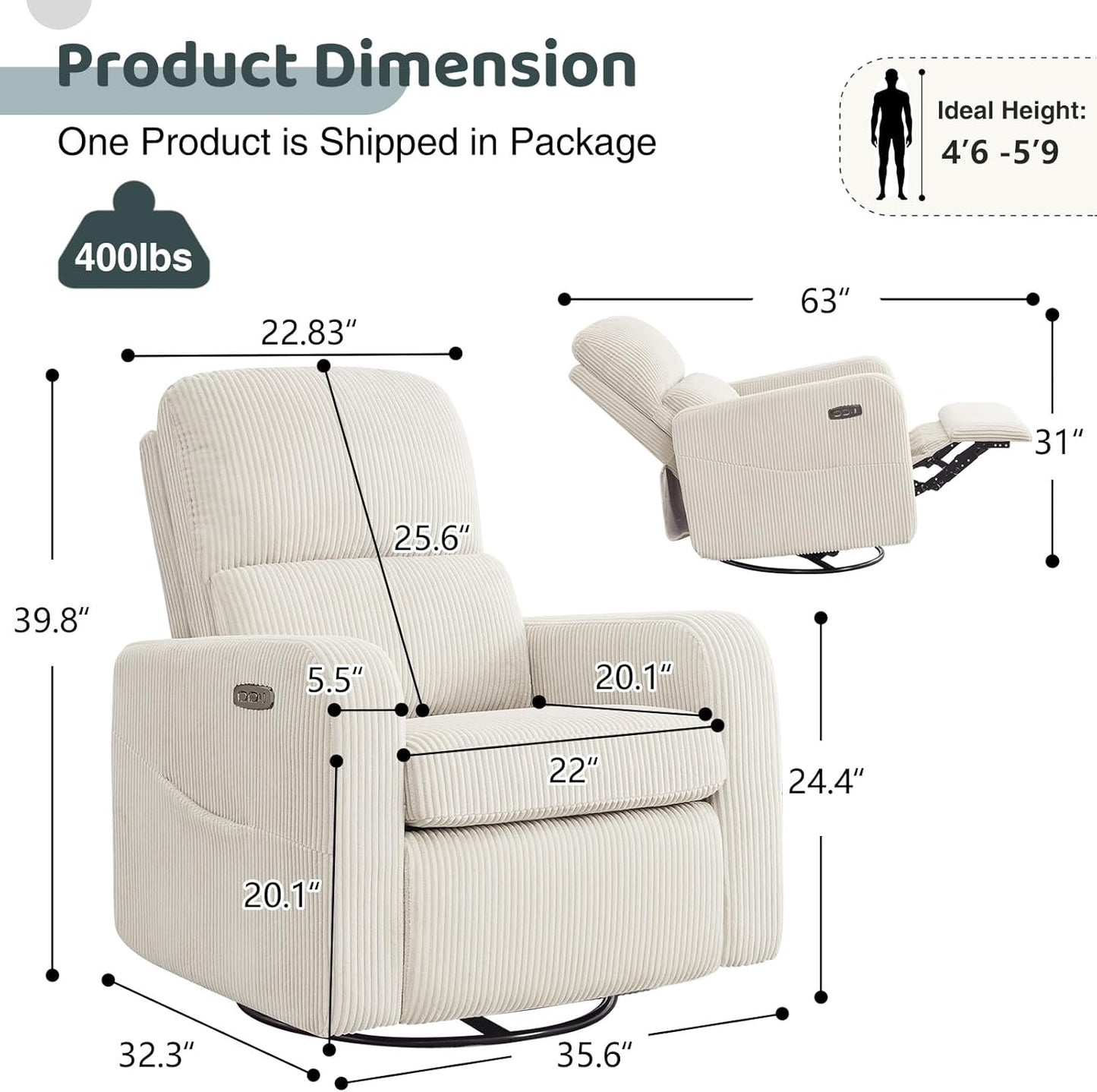 Swivel Rocker Recliner, Oversized Boucle Glider Recliner Nursery, Manual Swivel Rocking Reclining Chairs with Removable Cushion and Lumbar Support for Nursery Living Room Bedroom, Teddy White