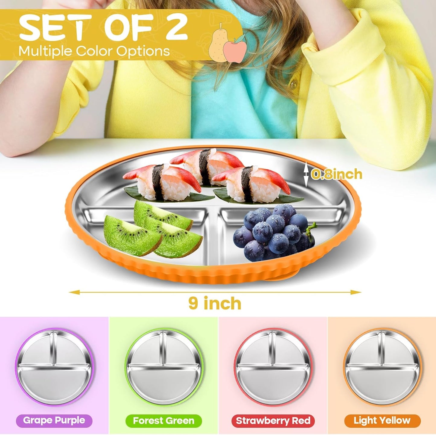 Stainless Steel Kids Plates with Suction, 2Pack 9" Divided Toddler Plates Removable Non Slip Silicone Sleeves Baby Feeding Led Weaning Supplies, BPA Free, Unbreakable Dishwasher Safe