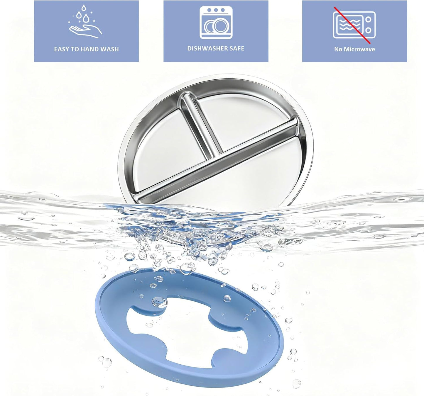 Bakpoco Stainless Steel Toddler Plate with Suction, 9” Divided Plates with Removable Silicone Sleeves for Kids, Non Toxic & BPA Free | Non Slip | Unbreakable Baby Snack Dishes Set of 2, Blue & Gray