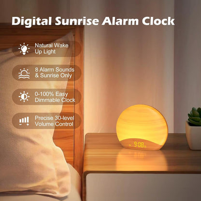 REACHER Wood Grain Sunrise Alarm Clock and Sound Machine Nightlight, Digital Dimmable Clock for Bedroom, 26 Sleep Sounds, White Noise Machine for Baby, Adults, Wake Up Light Alarm Clock for Kids