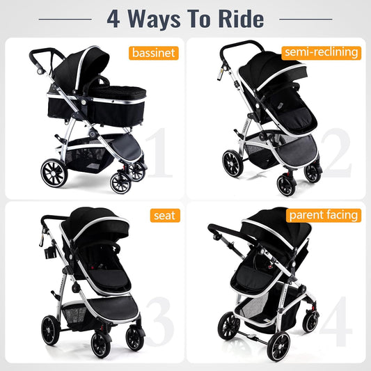 Baby Stroller, 2-in-1 Reversible Toddler Seat with Lie-Flat Mode, Foldable Infant Stroller with Canopy, One Button Brake, Adjustable Handle, Newborn Pushchair (Black B)