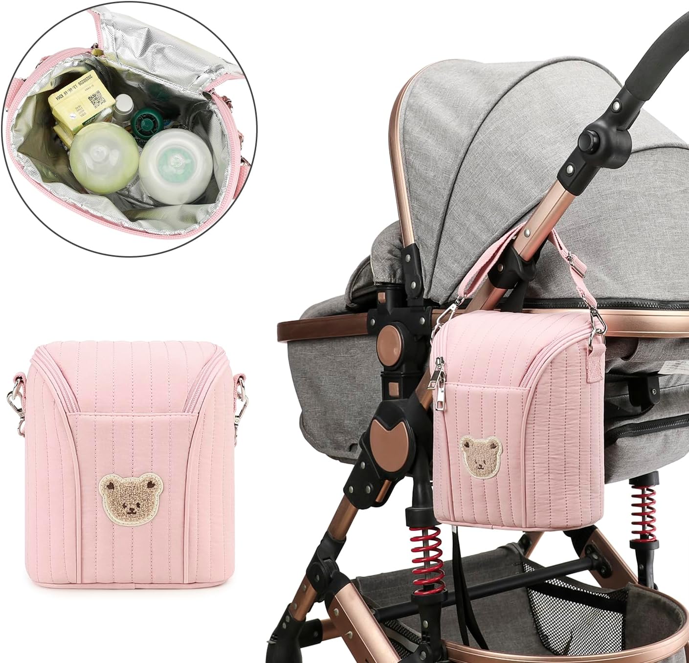 Lmbabter Embroidered Bear Stroller Organizer Tote Bag, Bottle Insulation Pouch, Portable Cooler Storage Essential for Milk/Breast Pump,Baby Travel Supplies (Black)