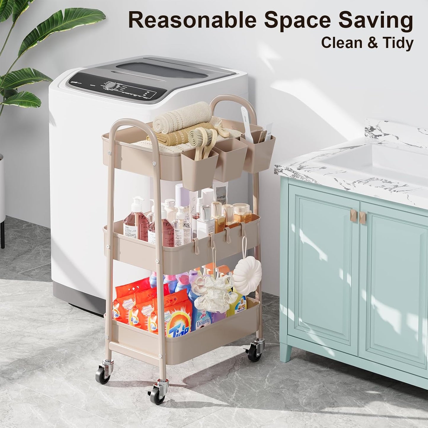 3 Tier Heavy Duty White Metal Rolling Cart with Lockable Wheels, Three Tier Roller Book Snack Cart, Utility Storage Organizer Carts for Kitchen, Bathroom, Garage, Baby Diaper, Craft, Art, Teacher