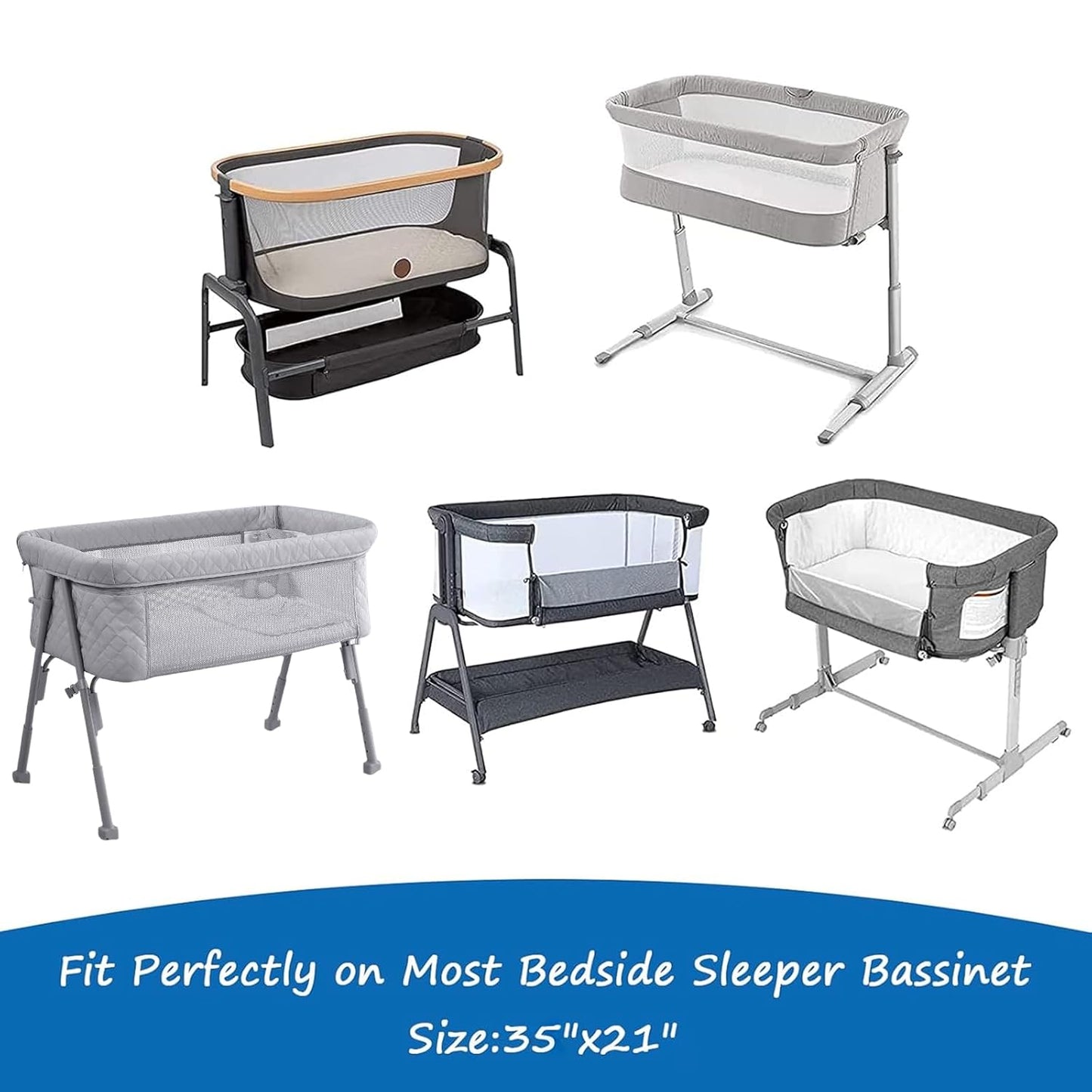Bassinet Mattress Pad Cover Fit for Baby Delight/Mika Micky/Dream On Me Lotus/ANGELBLISS/KoolerThings (3 in 1) Bedside Sleeper, Waterproof Bassinet Mattress Protector Quilted Bassinet Sheets 2 Pack