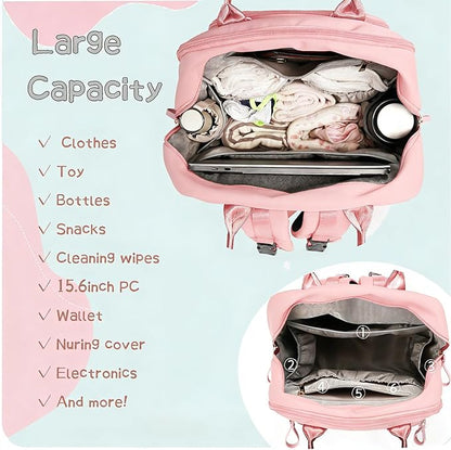 LORADI 18 Pockets Large Diaper Bag Backpack with 4 Insulated Pockets and Stroller Clips, Baby Shower Essentials (Pink, Large)