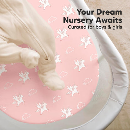 2-Pack Organic Bassinet Sheets for Girls, Boys - 100% Cotton Bassinet Mattress Sheets Compatible with Halo Bassinest Swivel Sleeper, Graco, Baby Delight, Chicco, Unisex Fitted Bassinet Sheets (Elly)