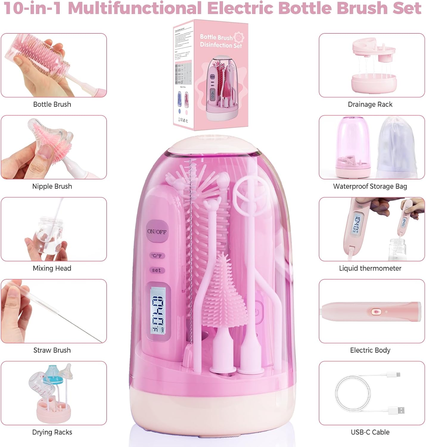 Electric Bottle Brush Cleaner,Rechargable Electric Baby Bottle Brush Cleaner with Thermometer,Silicone Bottle/Nipple/Straw Brush,Drying Rack,Travel Bottle Cleaner Kit for New Moms (Pink)