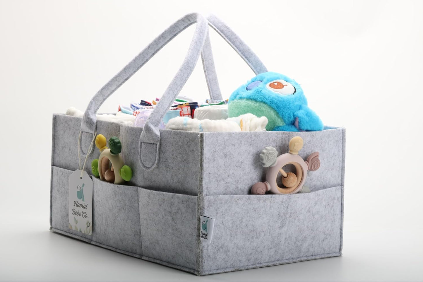 Hamid Baby Diaper Caddy Organizer – Includes Infant Face Cleaning Towel – Large Portable Nursery Storage Basket with 3 Compartments, 8 Pockets, Removable Dividers – Car, Travel Diaper Bag - Grey