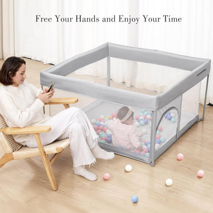 ANGELBLISS 50x50 Foldable Baby Playpen with Carrying Bag & Safety Lock - ASTM F406 Certified Baby Fence for Indoor/Outdoor, Lightweight Portable Play Yard with Breathable Mesh (Black)
