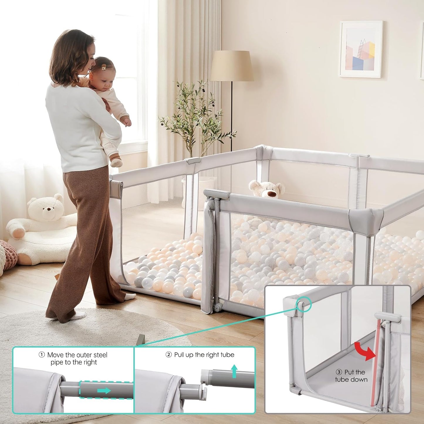 Doradotey Baby Playpen, Quick Setup Portable Baby Playard for Babies and Toddlers, Foldable Playpen Fence Indoors & Outdoor, Breathable Mesh Anti-Fall Play Pen 71x71, Grey