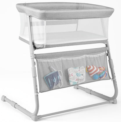 Cowiewie Bassinet Bedside Sleeper,Baby Bassinet Slides Over Bed,5-Position Height Adjustment & Breathable All-Mesh Wall Bedside Bassinet for Baby,Space-Saving Bedside Crib, Height(37.4-41.3"), White