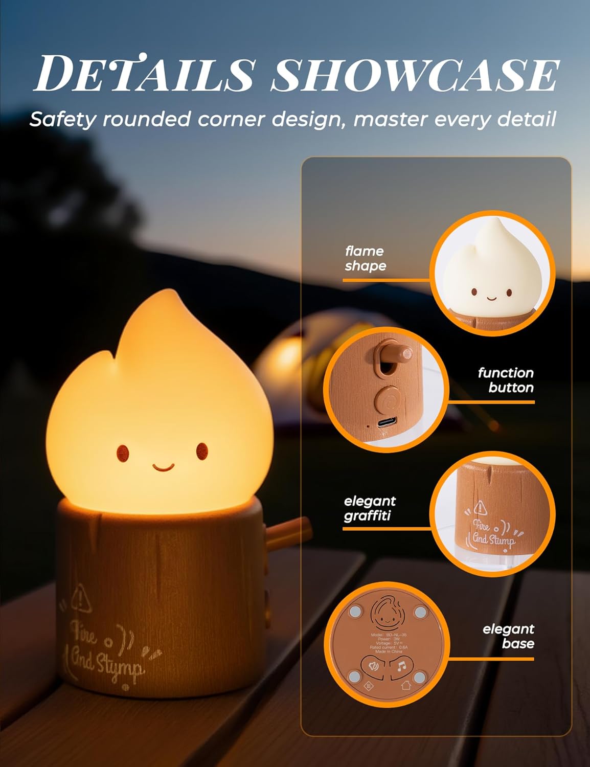 3pcs Cozy Campfire Nightlight Kits, Soothing Nature Sounds, White Noise Night Light for Baby Adult, Rechargeable, Cute Flame Lamp, Best Gift for Kids Bedrooms Camping Trips