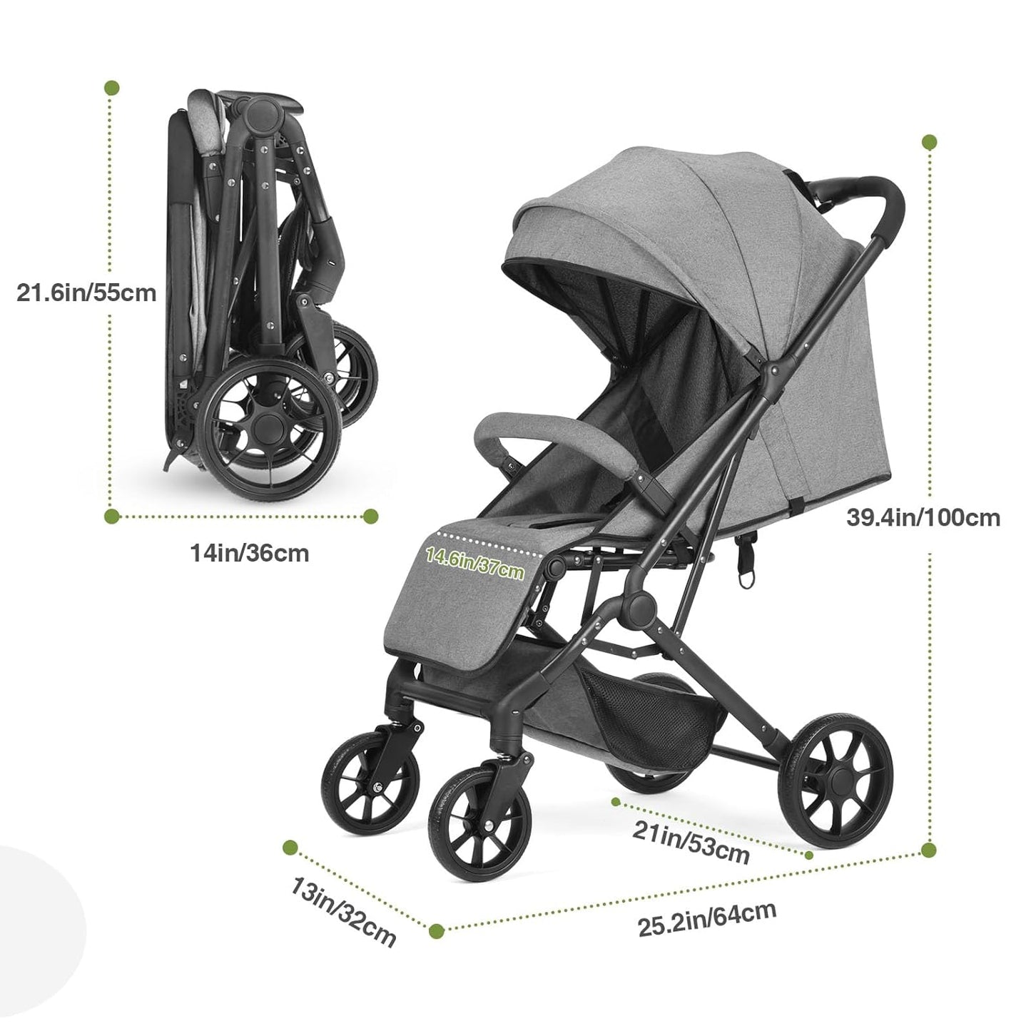 Compact Baby Stroller, Travel Toddler Seat Pushchair with Shock Absorbing Wheels, Foldable Infant Stroller with Canopy, One Button Brake, Convertible Infant Stroller for Toddler (Dark Grey)