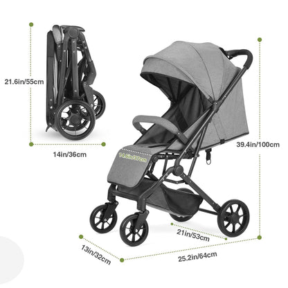 Compact Baby Stroller, Travel Toddler Seat Pushchair with Shock Absorbing Wheels, Foldable Infant Stroller with Canopy, One Button Brake, Convertible Infant Stroller for Toddler (Dark Grey)