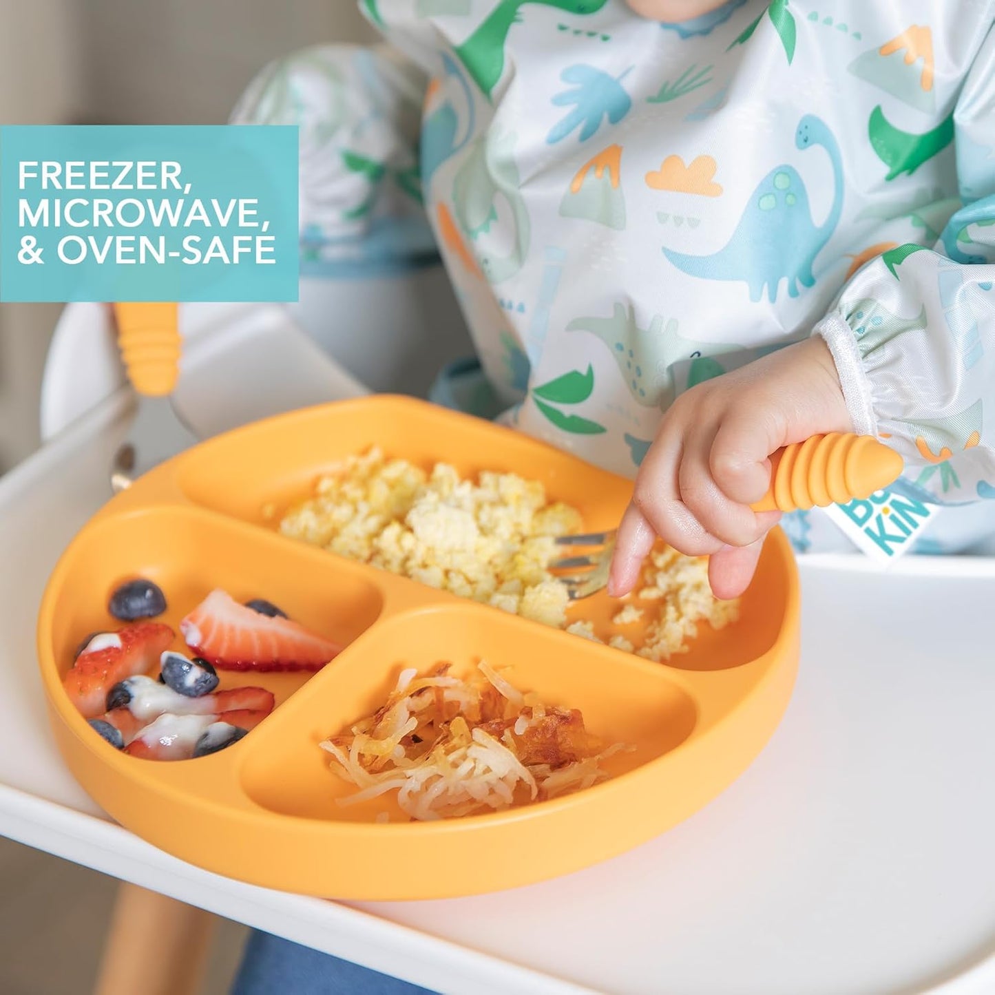 Bumkins Toddler and Baby Suction Plate, Divided Grip Dish for Babies and Kids, Baby Led Weaning, Feeding Supplies, Sticks to Tables and Highchairs, Platinum Silicone, for Chidren 6 Months, Gray