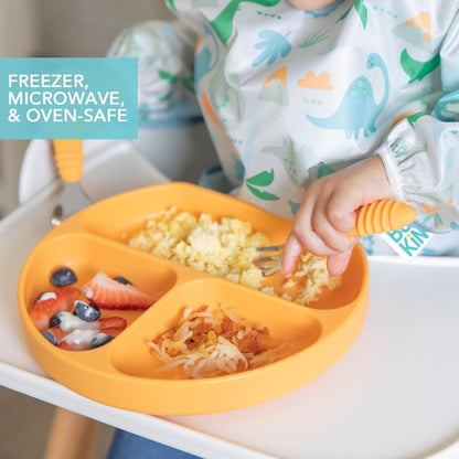 Bumkins Toddler and Baby Suction Plate, Divided Grip Dish for Babies and Kids, Baby Led Weaning, Feeding Supplies, Sticks to Tables and Highchairs, Platinum Silicone, for Chidren 6 Months, Gray