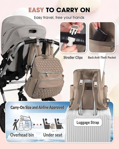 Diaper Bag Backpack, Large Baby Bag for Girl Boy, Travel Diaper Backpack with Insulated Pocket, Cute Diaper Bag Stroller Straps, Baby Shower & Registry Gift for Mom Dad Beige