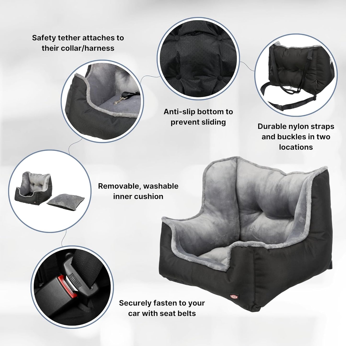 Trixie Convertible Lite Dog Car Seat 19.7 x 14.6 x 15.7 in – Cozy Booster with Safety Tether, Seat-Belt Straps & Side Pockets – Raised Travel Bed with Washable Cushion