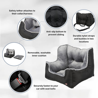 Trixie Convertible Lite Dog Car Seat 19.7 x 14.6 x 15.7 in – Cozy Booster with Safety Tether, Seat-Belt Straps & Side Pockets – Raised Travel Bed with Washable Cushion