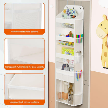 OneDream Over the Door Organizer for Nursery, 5-Tier Baby Clothes Organizer with Removable Storage Caddy, Hanging Behind Door Storage with Clear Pockets and Side Mesh Compartments, Grey