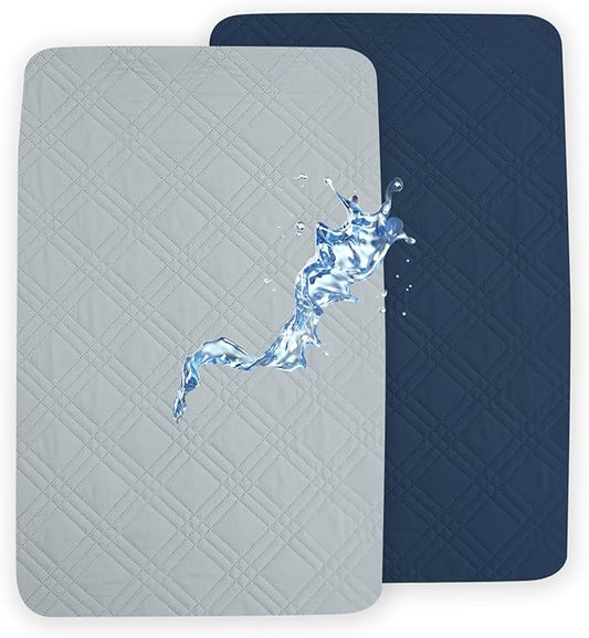 david's kids 2 Pack Waterproof Mini Crib Mattress Protector, Fit Pack N Play, Playard and Mini Crib Mattresses, Ultra Soft Breathable Pad Cover for Boys Girls Neutral, Grey & Navy Blue Checker