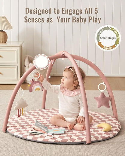 Blissful Diary Baby Play Gym Mat, Play Mat Activity Mat with 6 Detachable Toys for Stage-Based Sensory & Motor Skill Development, Easy to Install & Clean, Baby Essentials Gift, Blush Checkered
