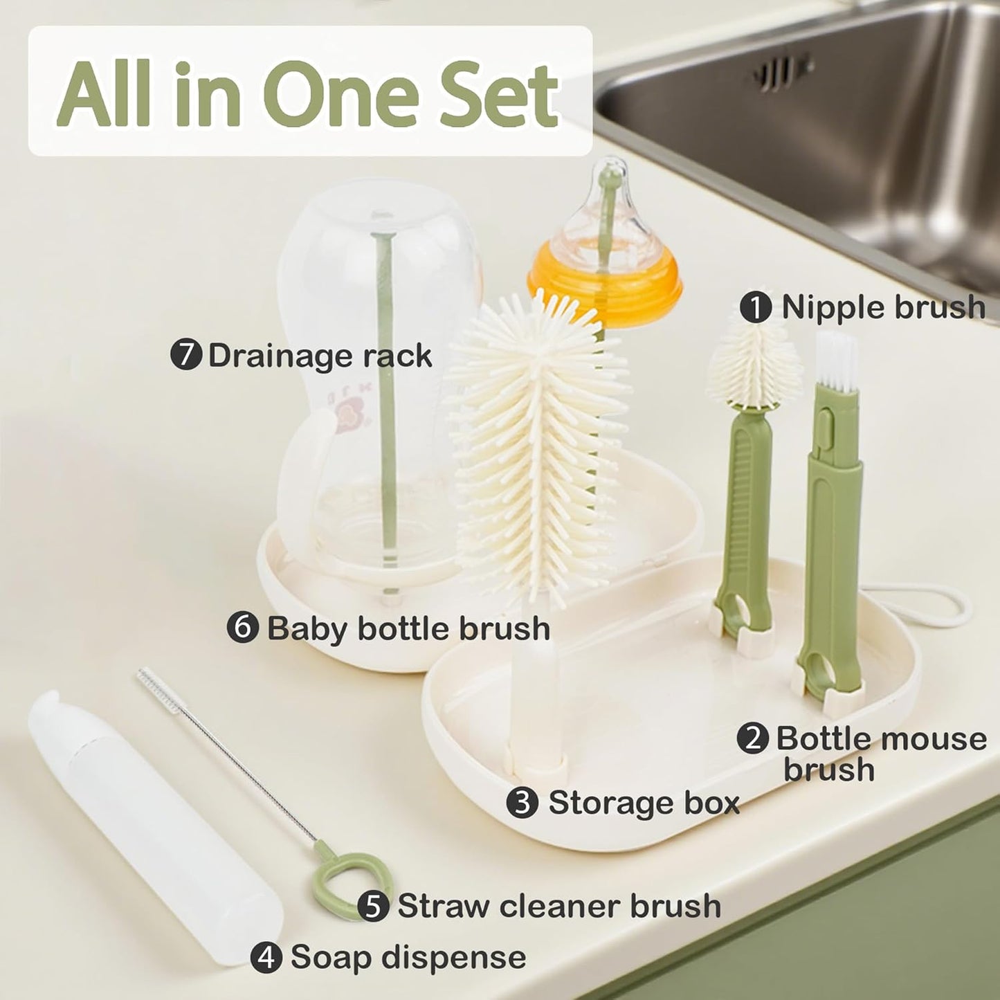 7-in-1 Baby Bottle Brush Set, Silicone Bottle Cleaner Kit with Nipple & Straw Brush, Soap Dispenser, Drying Rack & Travel Storage Case, Baby Bottle Cleaning Essentials (Green-Crocodile