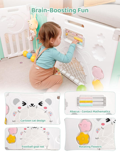 Baby Playpen, Dripex Baby Playard for Babies and Toddlers, 14-Panel Foldable Playpen Adjustable Portable Play Area, Indoor/Outdoor Kids Active Center with Game Panel & Safety Gate, Grey White