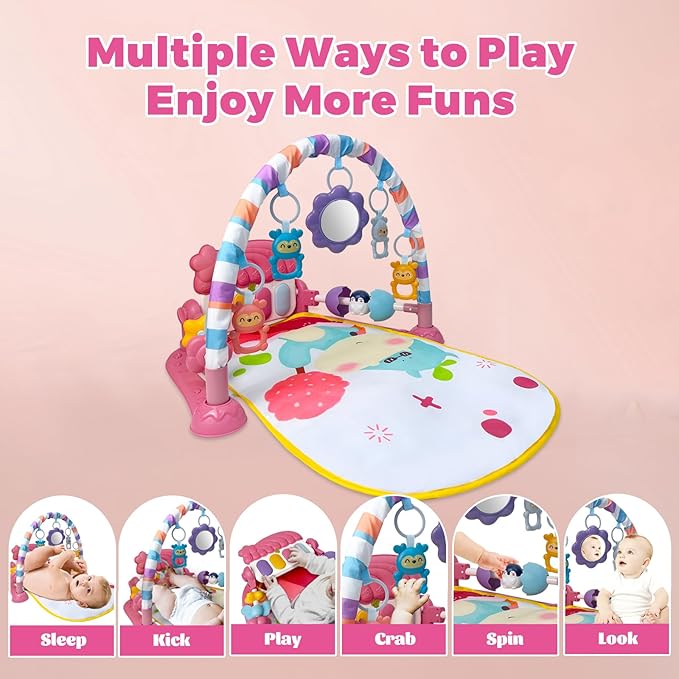 Cuterabit Baby Gym Play Mat, Musical Activity Center for Baby, Kick and Play Piano Gym, Tummy Time Play Mat for Newborn Babies Infants Boys Girls 0-3-6-9-12 Months (Pink)
