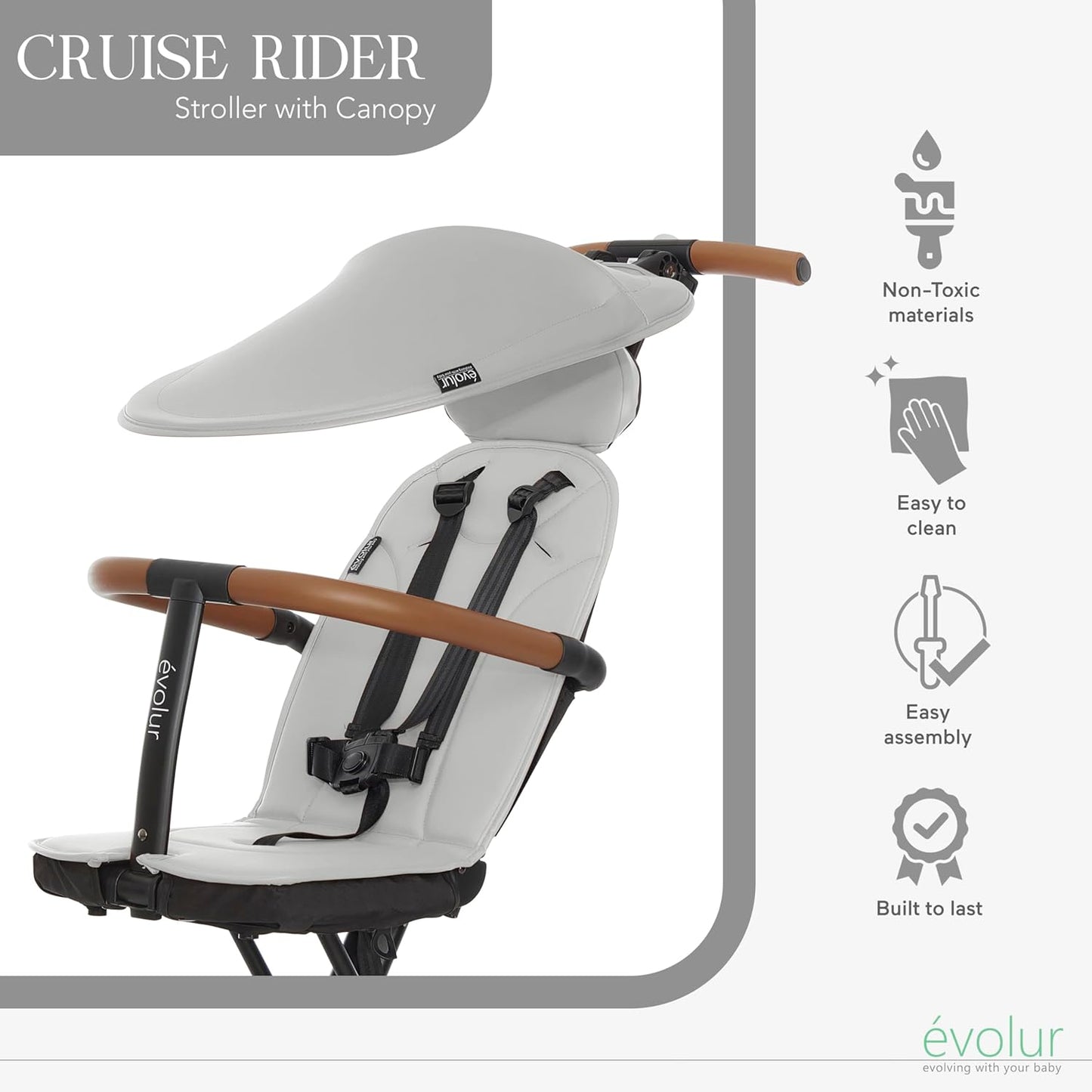 Evolur Cruise Rider Stroller with Canopy, Lightweight Umbrella Stroller with Compact Fold, Easy to Carry Travel Stroller - Cognac