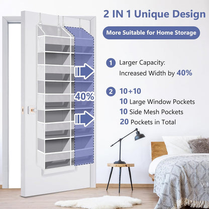 Heavy Duty Over The Door Organizer 5 Tiers, Extra Large Behind Door Storage of 10 Big Front & 10 Mesh Pockets, 80lb Weight Capacity, Hanging Doors Storage Organizer for Closet Bedroom Nursery, Grey