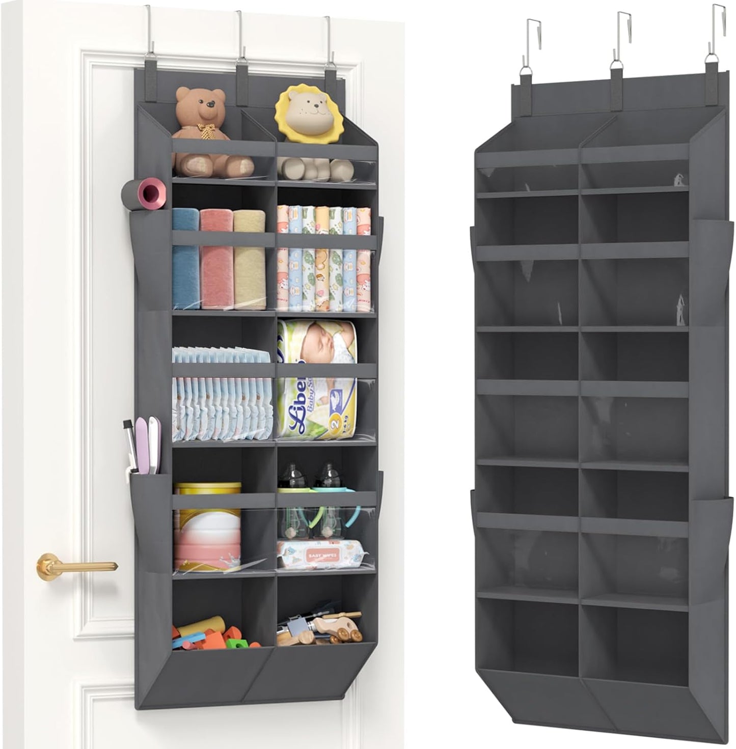 Lifewit 1 Pack Over the Door Organizer, 5 Section Clear Window Hanging Storage with 4 Side Pockets, Sturdy Anti Tilt 40 lbs Load Behind Door for Closet, Bedroom, Bathroom, Nursery, Dorm, Gray