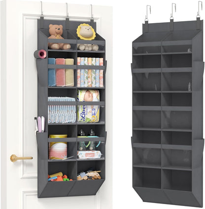Lifewit 1 Pack Over the Door Organizer, 5 Section Clear Window Hanging Storage with 4 Side Pockets, Sturdy Anti Tilt 40 lbs Load Behind Door for Closet, Bedroom, Bathroom, Nursery, Dorm, Gray