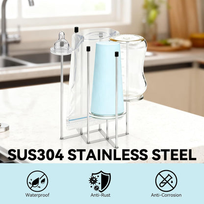Foldable Baby Bottle Drying Rack – 8-Pole Collapsible Bottle Organizer, suitable for cups, silicone bags, and kitchen waste bags – Space-Saving Countertop Dryer for Home & Travel (Silver)