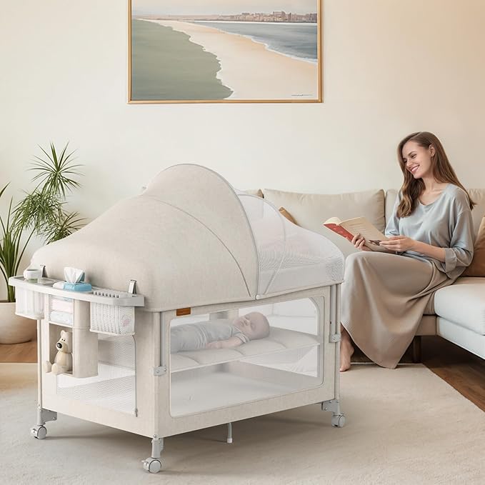 TinyGlow 4 in 1 Baby Bassinet, Pack and Play, Bedside Crib Sleeper, Diaper Changer, Quickly Assembled and Folded Portable Crib with Mattress and Mosquito Net, Easy to Carry