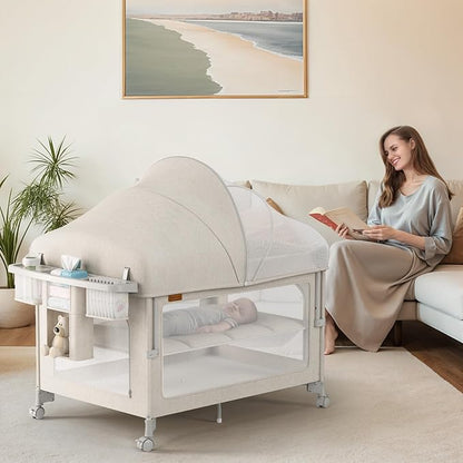 TinyGlow 4 in 1 Baby Bassinet, Pack and Play, Bedside Crib Sleeper, Diaper Changer, Quickly Assembled and Folded Portable Crib with Mattress and Mosquito Net, Easy to Carry