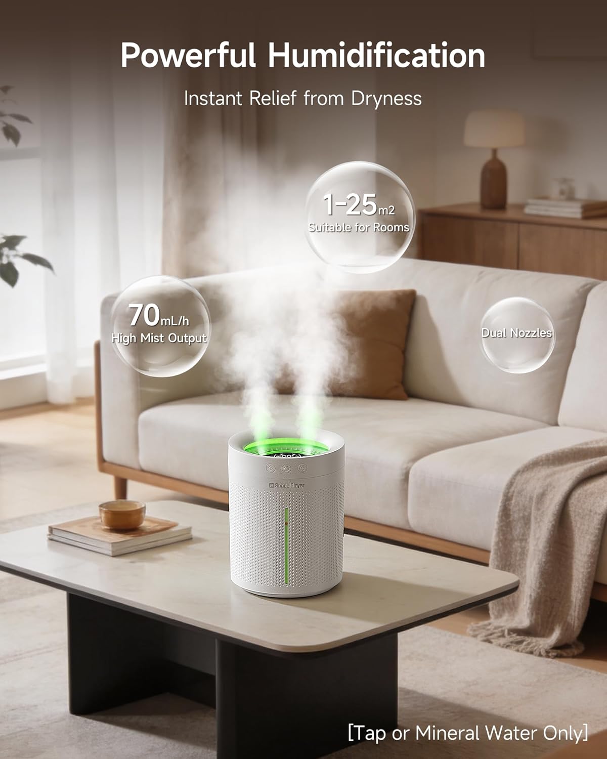 SP SpacePlayer Cool Mist Humidifier for Bedroom, 3L Top Fill Ultrasonic, 4000mAh Cordless Portable Humidifier, Quiet 23dB, Auto Shut-Off, Timer, Easy Clean, for Baby Nursery, Plants, Home Office