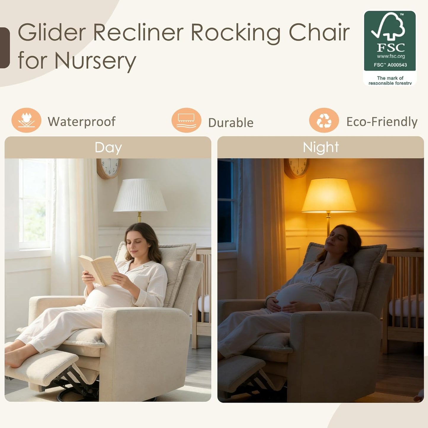 Nursery Glider Recliner Rocking Chair High Back Nursery Recliner Modern Adult Nursery Swivel Rocker Recliner for Nursery Bedroom Living Room and RV